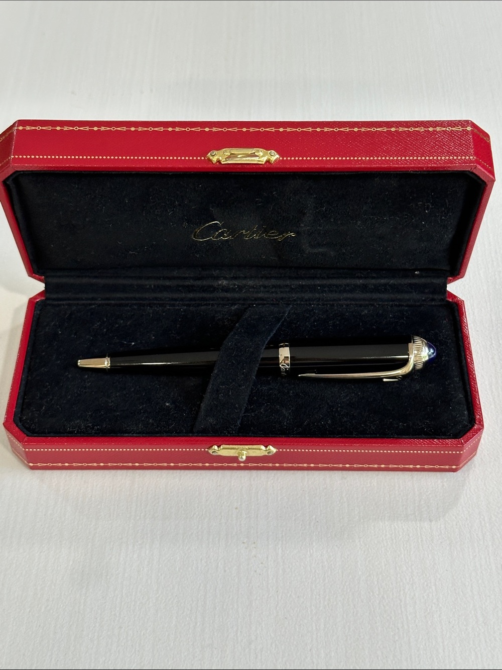 Cartier Black Lacquer Ballpoint Pen with Blue Cabochon